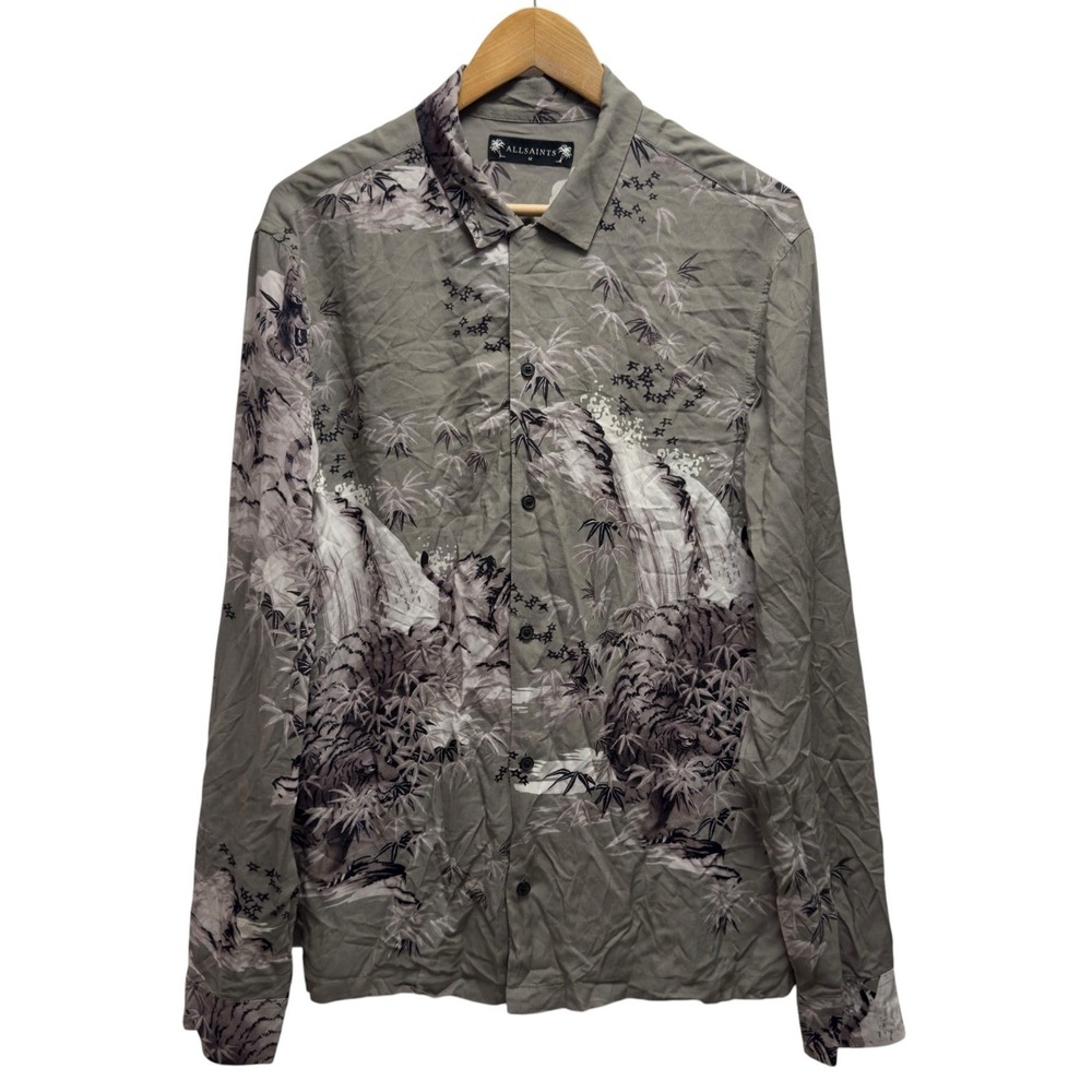 AllSaints Men's Size M Green Viscose Floral Waterfall "Java" Button Front Shirt - Picture 2 of 6